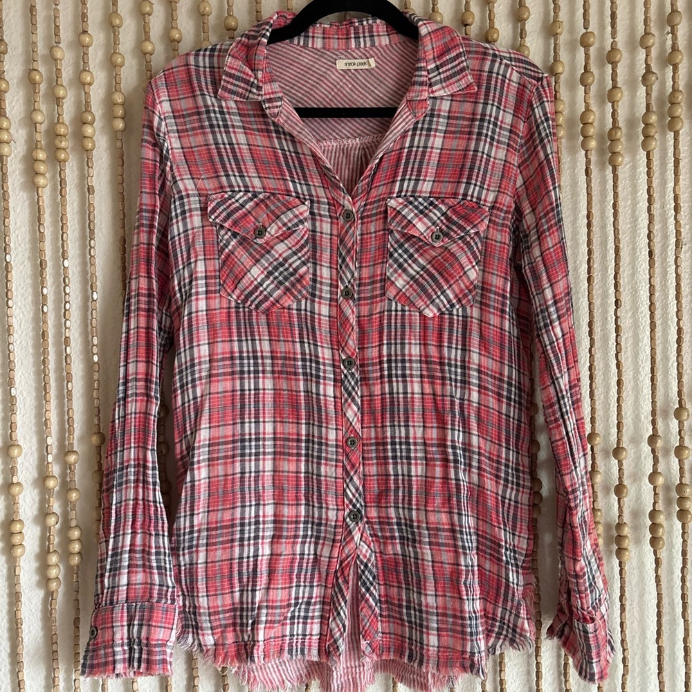 Sneak Peak Red Blue Long Sleeve cotton Frayed Hem Western Boho Button Down Sm